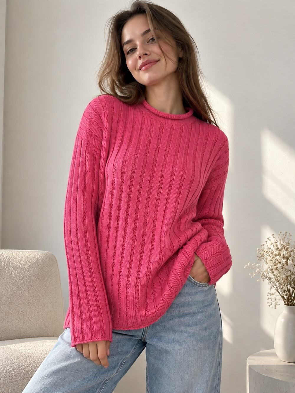 Handmade machine Women’s Pink open Knit Sweater size M